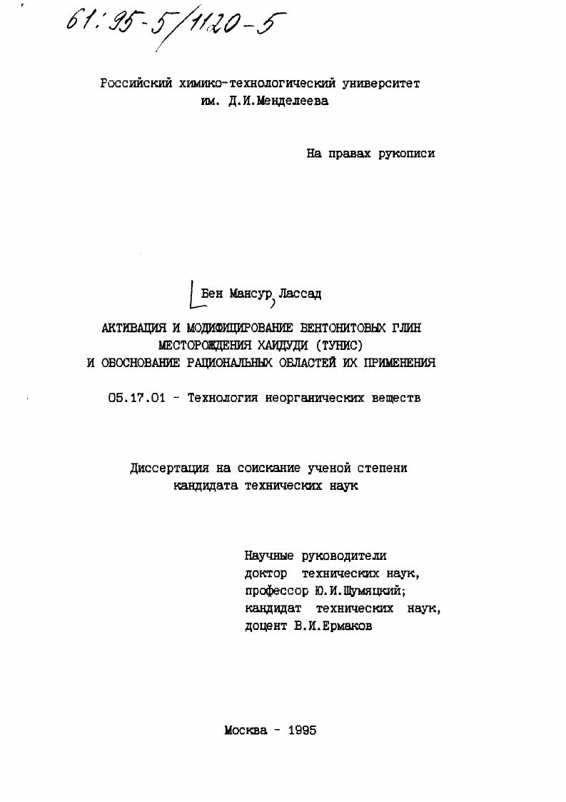 Активация и модифицирование бентонитовых глин месторождения Хайдуди(Тунис) и обоснование рациональных областей их применения
