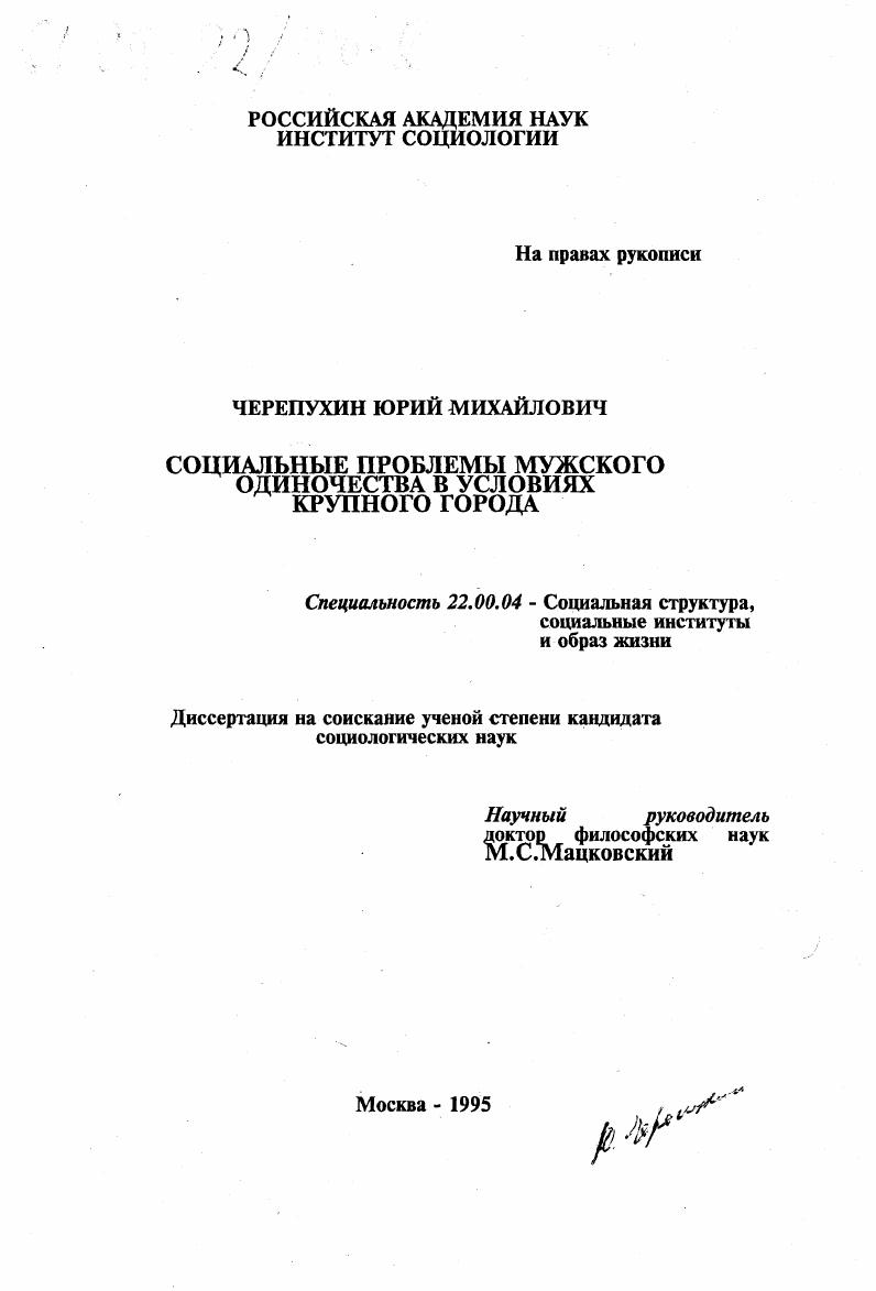 скачать диссертацию Социальные проблемы мужского одиночества в условиях крупного города Социальные проблемы мужского одиночества в условиях крупного города