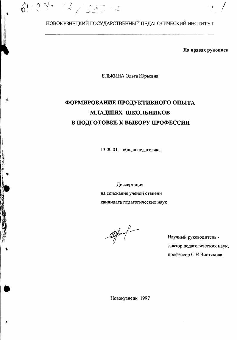 скачать диссертацию Формирование продуктивного опыта младших школьников в подготовке к выбору профессии Формирование продуктивного опыта младших школьников в подготовке к выбору профессии