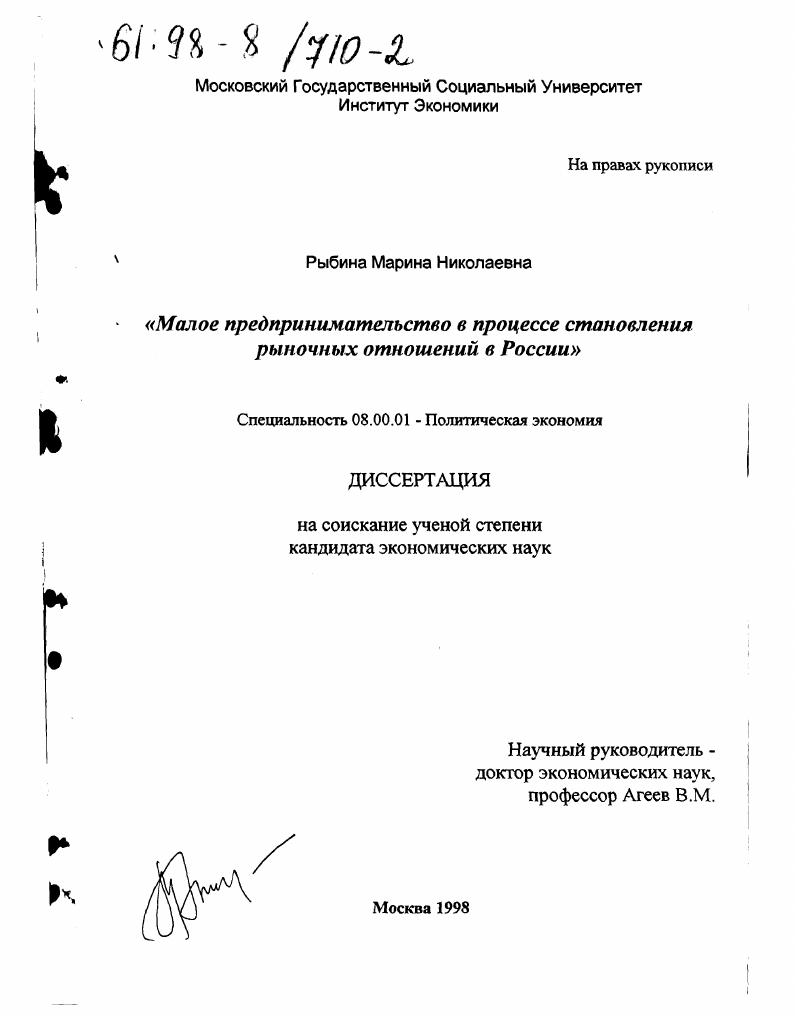 Малое предпринимательство в процессе становления рыночных отношений в России