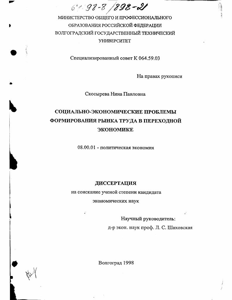 скачать диссертацию Социально-экономические проблемы формирования рынка труда в переходной экономике Социально-экономические проблемы формирования рынка труда в переходной экономике