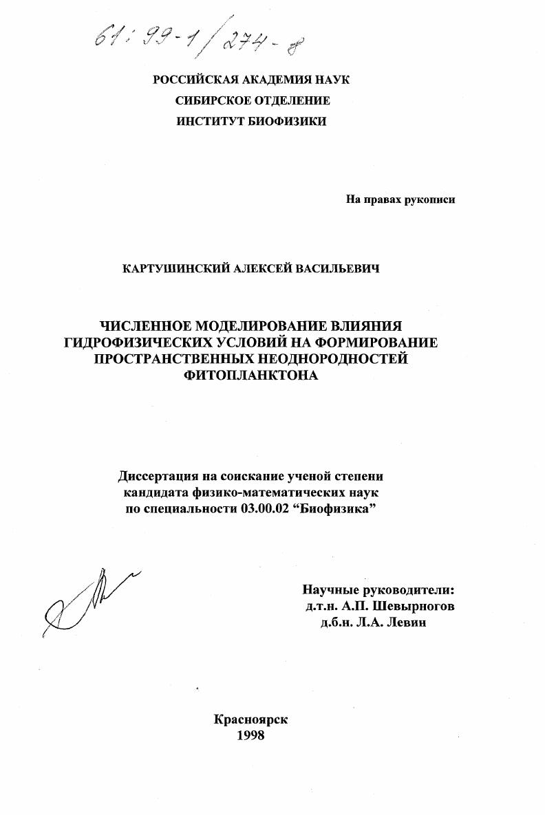 Численное моделирование влияния гидрофизических условий на формирование пространственных неоднородностей фитопланктона