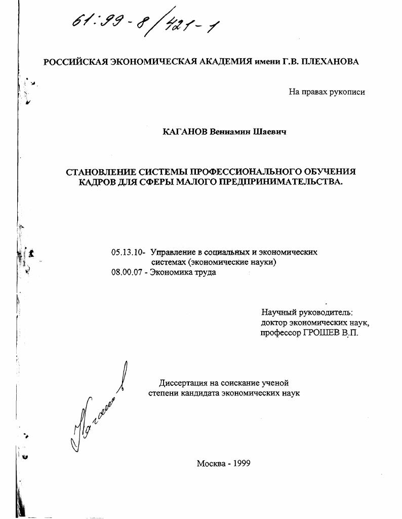 Становление системы профессионального обучения кадров для сферы малого предпринимательства
