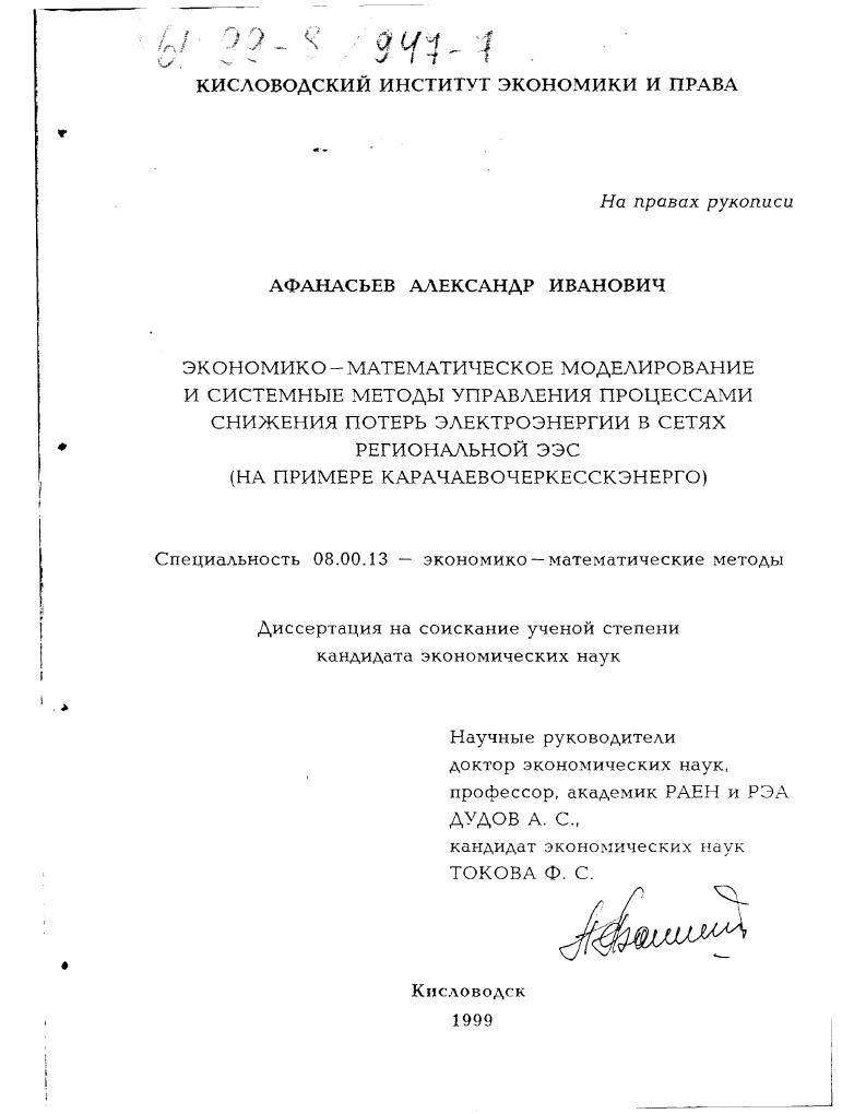 Экономико-математическое моделирование и системные методы управления процессами снижения потерь электроэнергии в сетях региональной ЭЭС : На примере Карачаевочеркесскэнерго