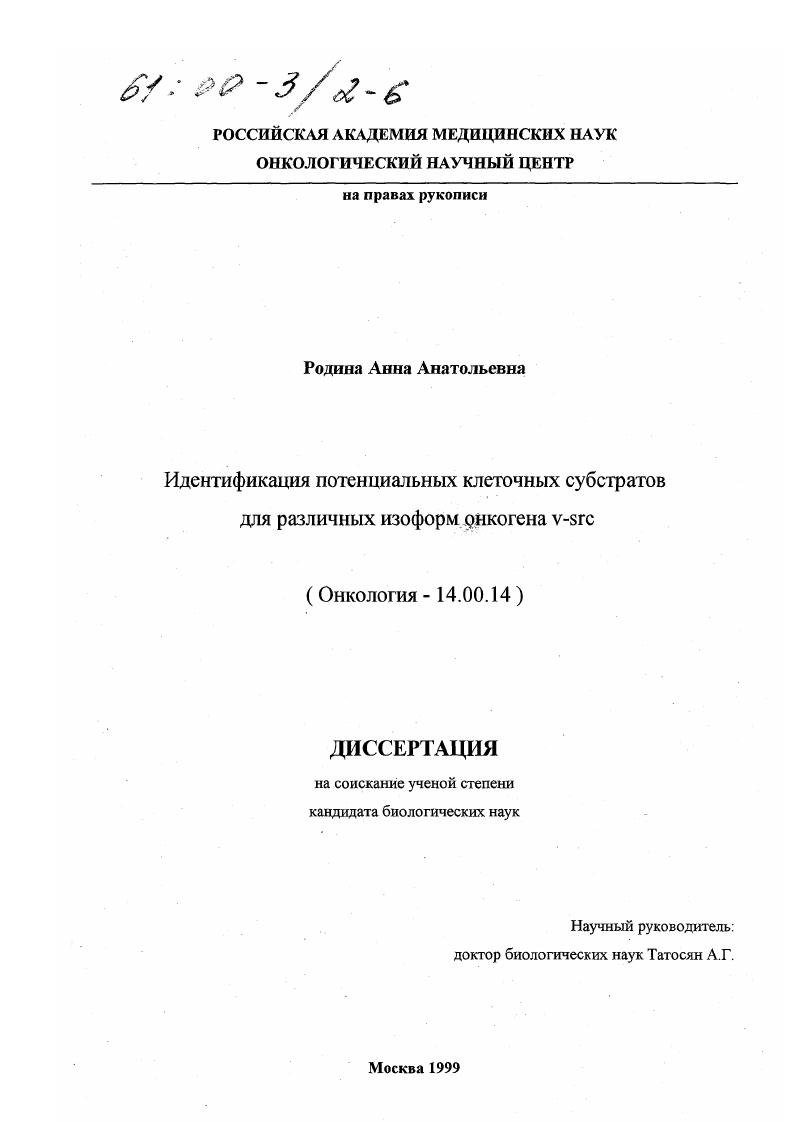 скачать диссертацию Идентификация потенциальных клеточных субстратов для различных изоформ онкогена V-src Идентификация потенциальных клеточных субстратов для различных изоформ онкогена V-src