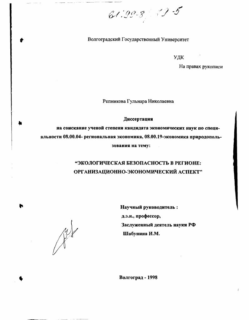 Экологическая безопасность в регионе : Организационно-экономический аспект
