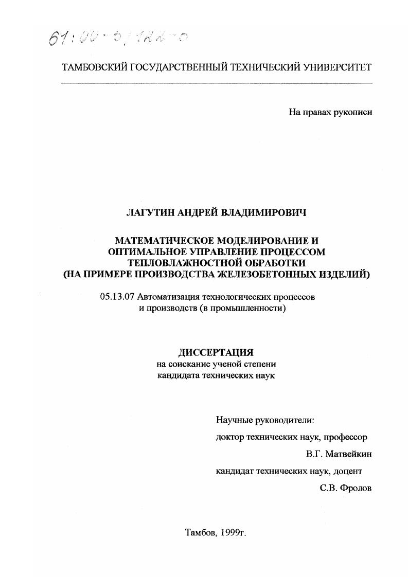 Математическое моделирование и оптимальное управление процессом тепловлажностной обработки : На примере производства железобетонных изделий