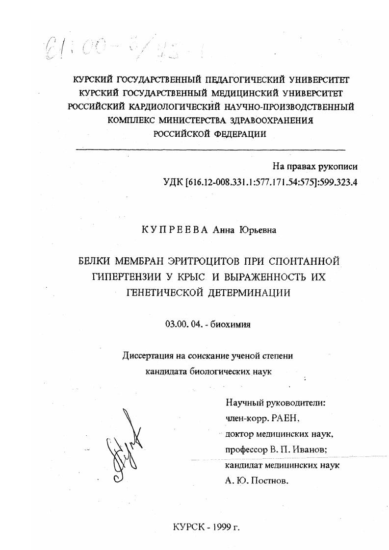 скачать диссертацию Белки мембран эритроцитов при спонтанной гипертензии у крыс и выраженность их генетической детерминации Белки мембран эритроцитов при спонтанной гипертензии у крыс и выраженность их генетической детерминации