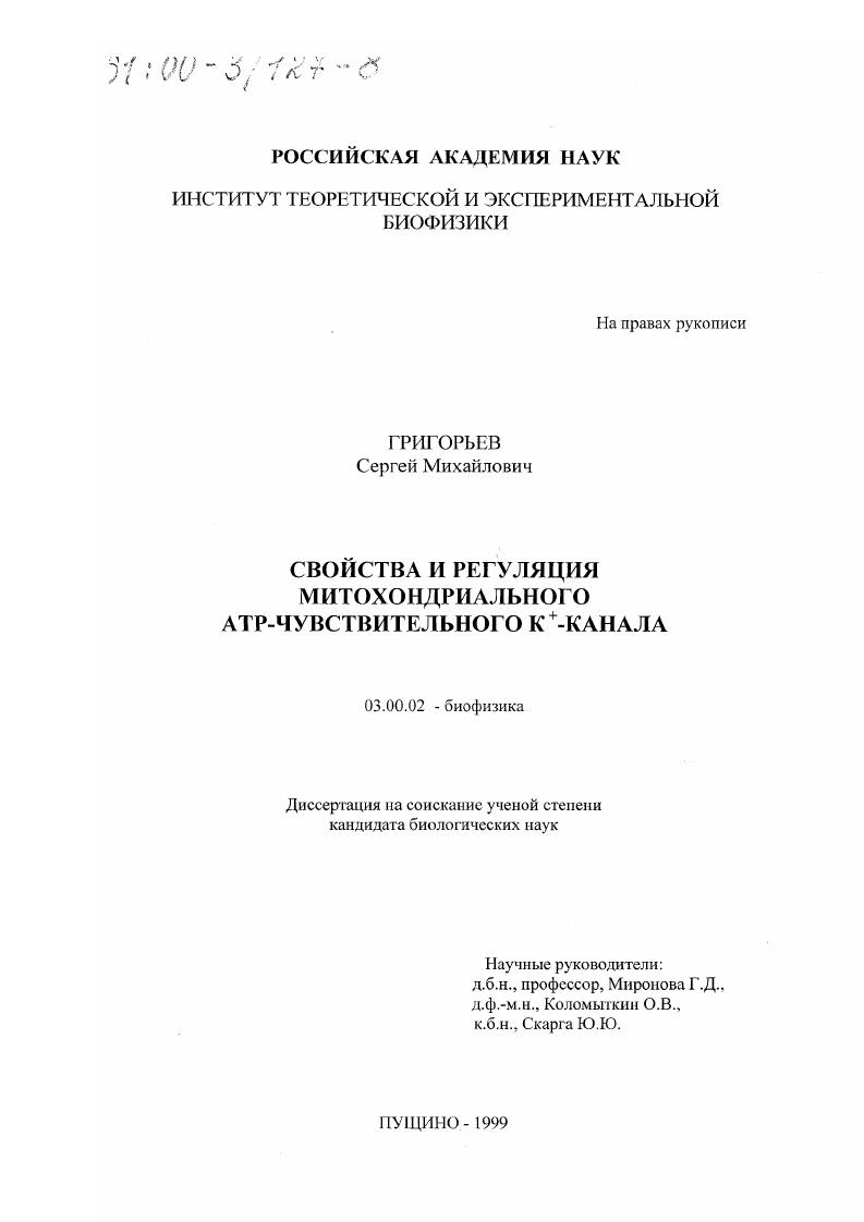 скачать диссертацию Свойства и регуляция митохондриального АТР-чувствительного К +-канала Свойства и регуляция митохондриального АТР-чувствительного К +-канала