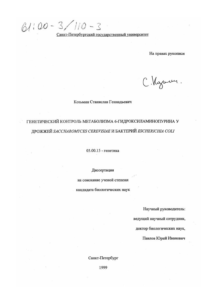 Генетический контроль метаболизма 6-гидроксиламинопурина у дрожжей Saccharomyces cerevisiae и бактерий Escherichia coli