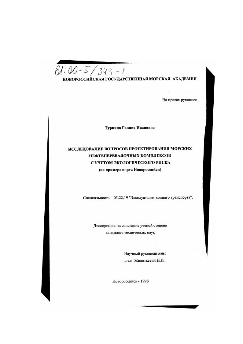 Исследование вопросов проектирования морских нефтеперевалочных комплексов с учетом экологического риска : На примере порта Новороссийск