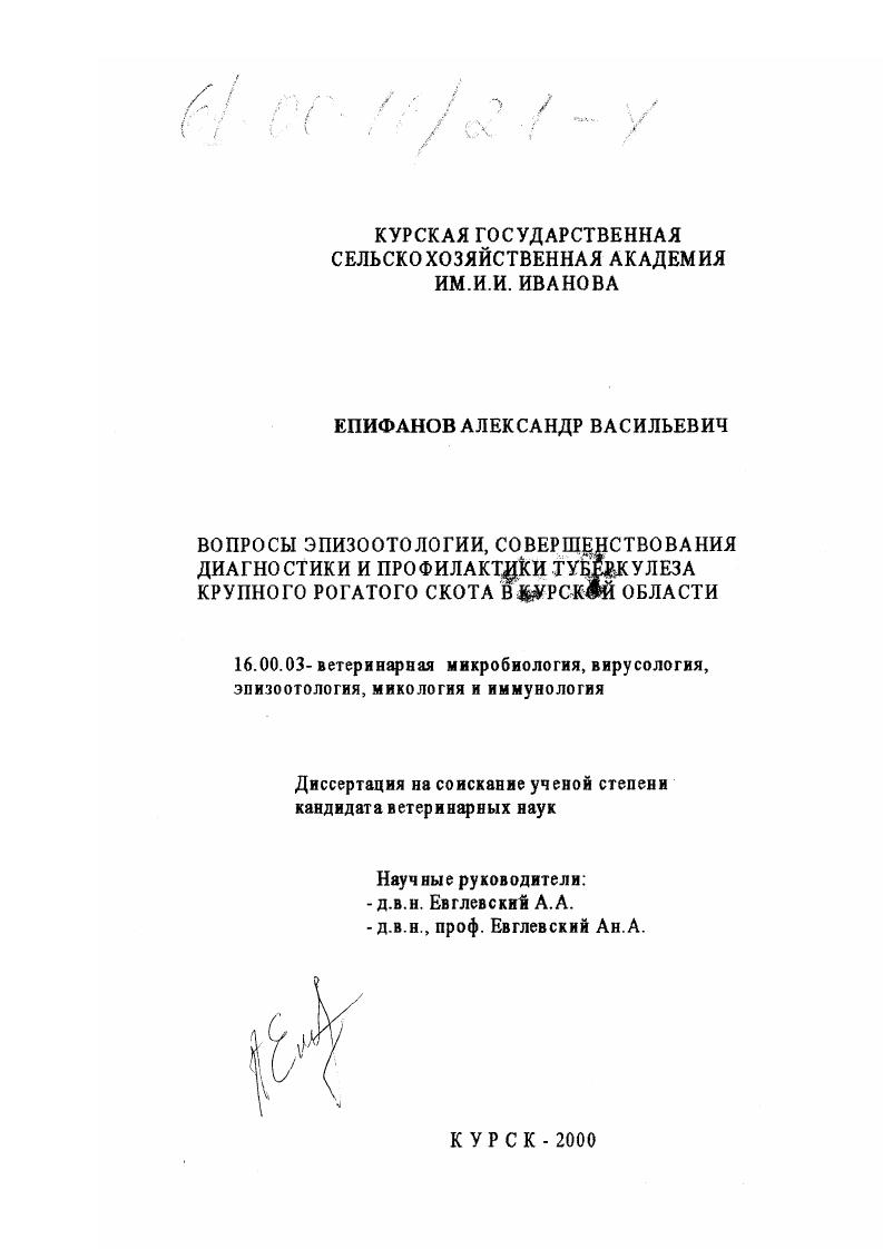 Вопросы эпизоотологии, совершенствования диагностики и профилактики туберкулеза крупного рогатого скота в Курской области