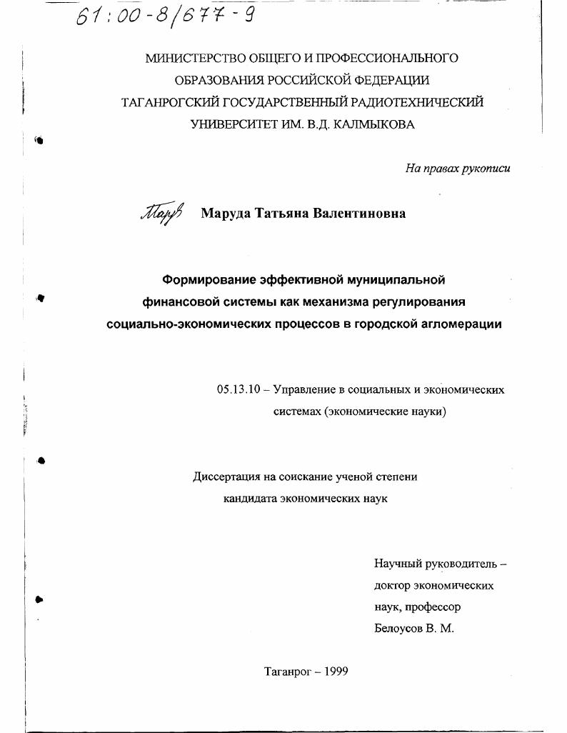 Формирование эффективной муниципальной финансовой системы как механизма регулирования социально-экономических процессов в городской агломерации