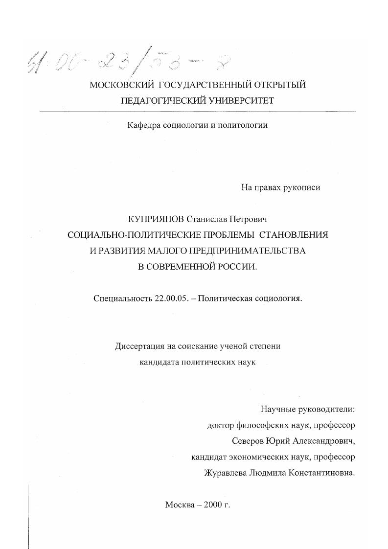 Социально-политические проблемы становления и развития малого предпринимательства в современной России