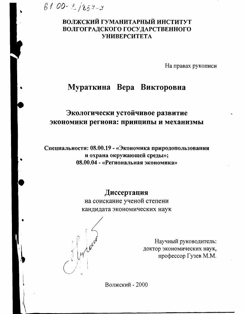 Экологически устойчивое развитие экономики региона : Принципы и механизмы