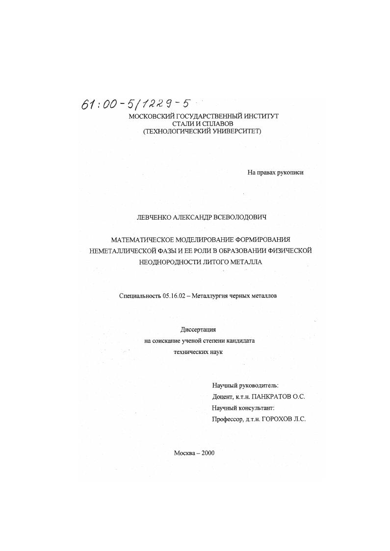 скачать диссертацию Математическое моделирование формирования неметаллической фазы и ее роли в образовании физической неоднородности литого металла Математическое моделирование формирования неметаллической фазы и ее роли в образовании физической неоднородности литого металла