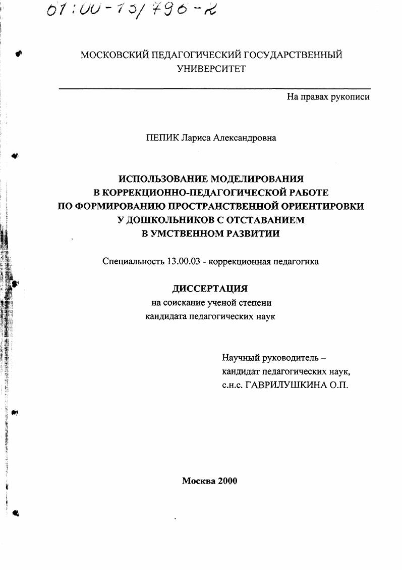Использование моделирования в коррекционно-педагогической работе по формированию пространственной ориентировки у дошкольников с отставанием в умственном развитии