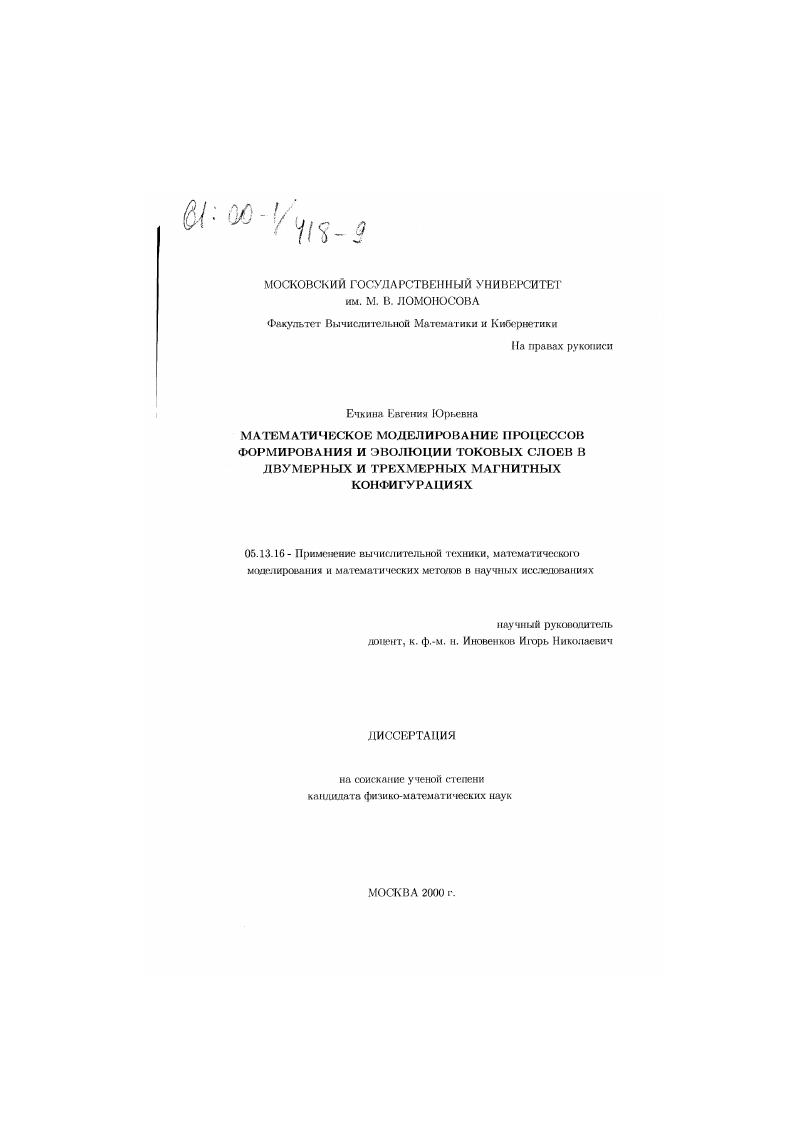 Математическое моделирование процессов формирования и эволюции токовых слоев в двумерных и трехмерных магнитных конфигурациях