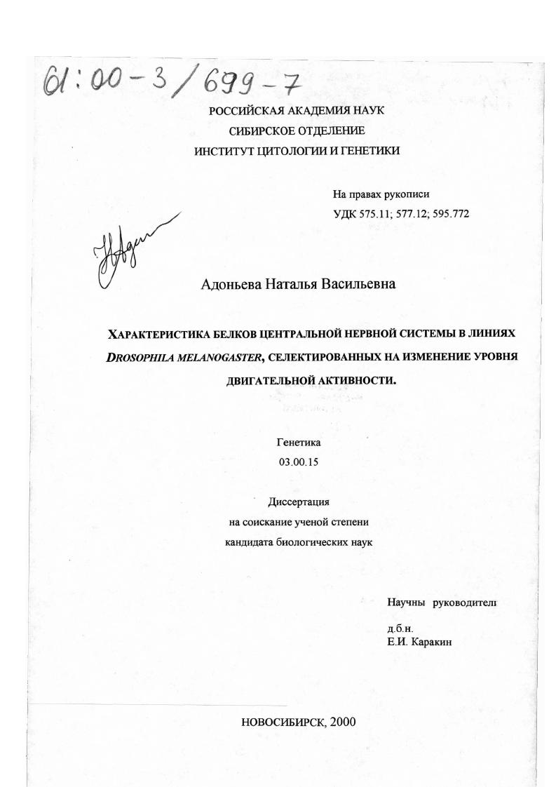 скачать диссертацию Характеристика белков центральной нервной системы в линиях Drosophila melanogaster, селектированных на изменение уровня двигательной активности Характеристика белков центральной нервной системы в линиях Drosophila melanogaster, селектированных на изменение уровня двигательной активности