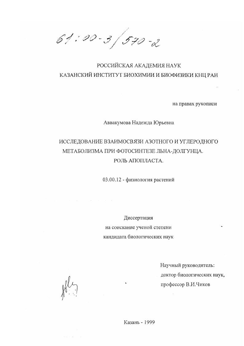 Исследование взаимосвязи азотного и углеродного метаболизма при фотосинтезе льна-долгунца : Роль апопласта