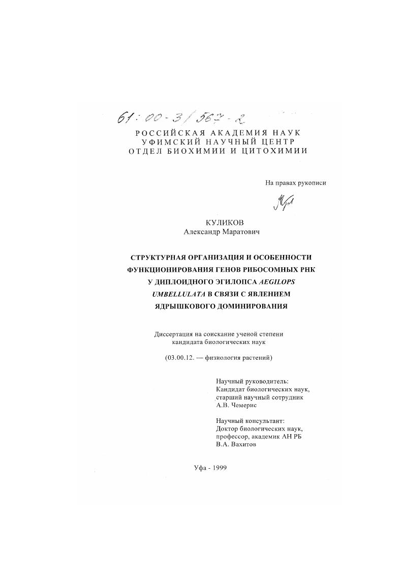 Структурная организация и особенности функционирования генов рибосомных РНК у диплоидного эгилопса Aegilops umbellulata в связи с явлениями ядрышкового доминирования