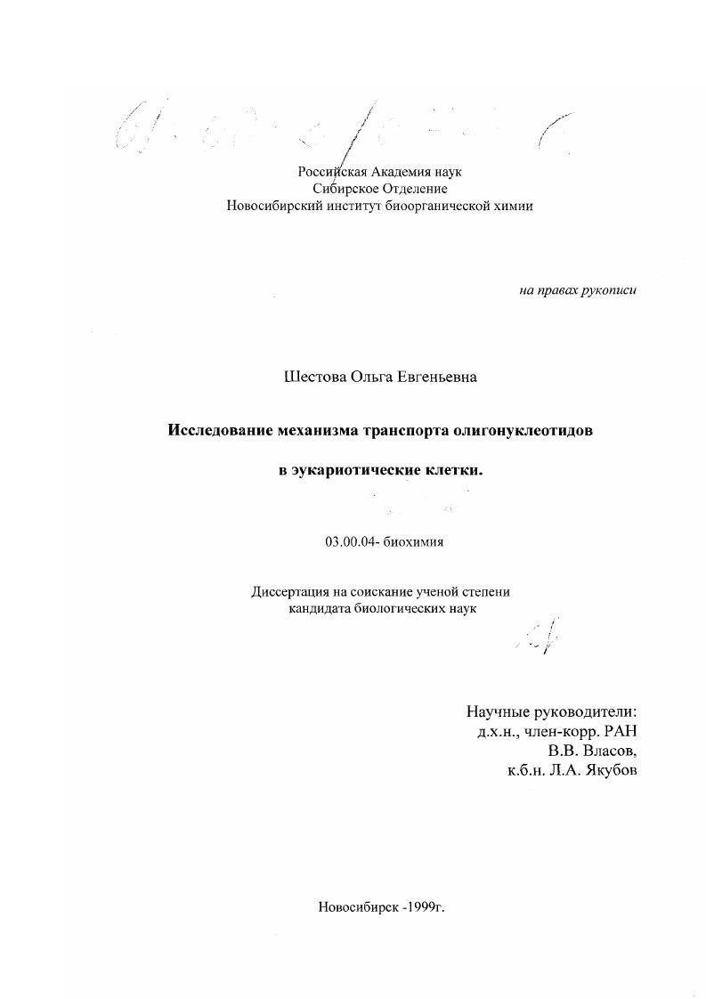 скачать диссертацию Исследование механизма транспорта олигонуклеотидов в эукариотические клетки Исследование механизма транспорта олигонуклеотидов в эукариотические клетки