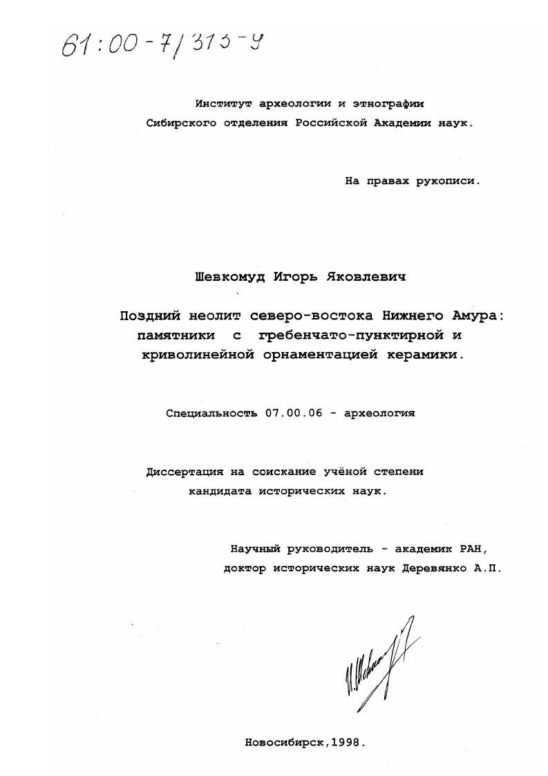 скачать диссертацию Поздний неолит северо-востока Нижнего Амура : Памятники с гребенчато-пунктирной и криволинейной орнаментацией керамики Поздний неолит северо-востока Нижнего Амура : Памятники с гребенчато-пунктирной и криволинейной орнаментацией керамики