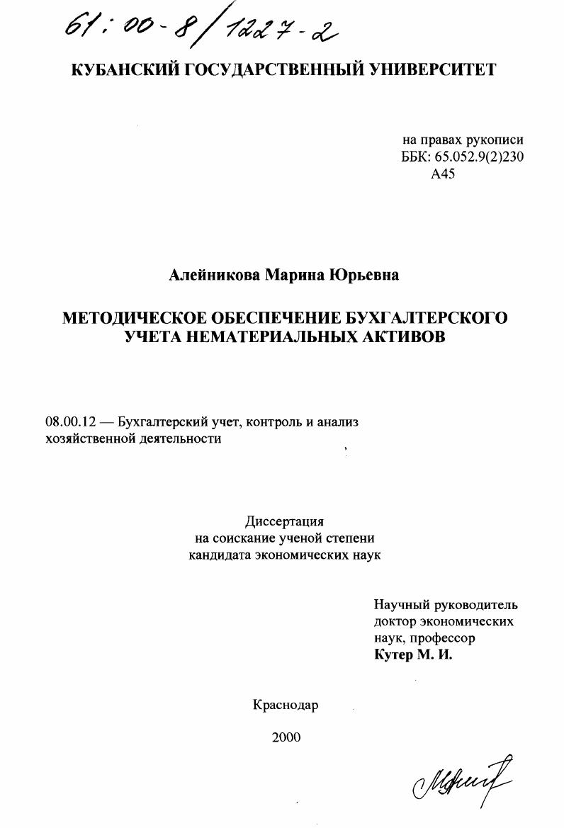 Методическое обеспечение бухгалтерского учета нематериальных активов