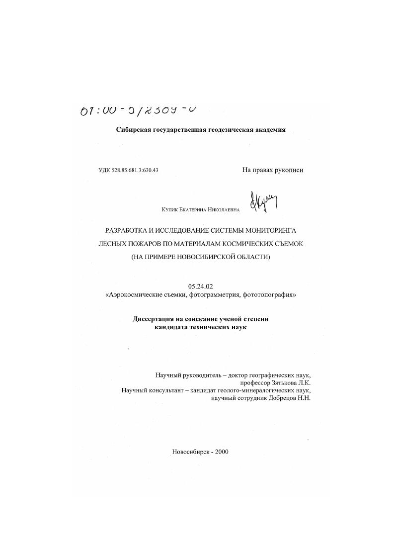 Разработка и исследование системы мониторинга лесных пожаров по материалам космических съемок : На примере Новосибирской области