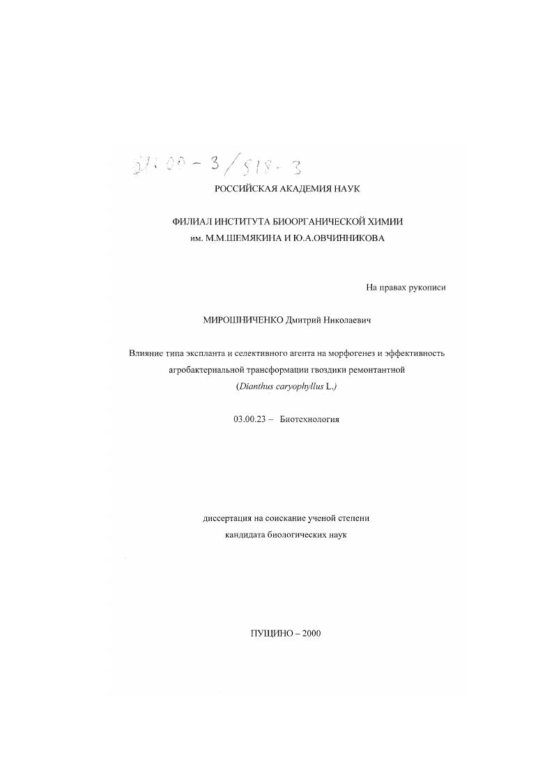 Влияние типа экспланта и селективного агента на морфогенез и эффективность агробактериальной трансформации гвоздики ремонтантной (Dianthus caryophyllus L. )