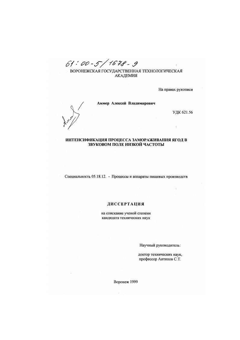 скачать диссертацию Интенсификация процесса замораживания ягод в звуковом поле низкой частоты Интенсификация процесса замораживания ягод в звуковом поле низкой частоты