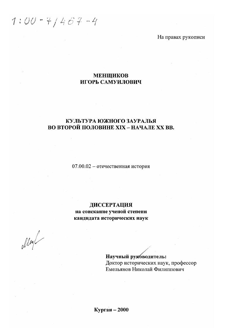 Культура Южного Зауралья во второй половине XIX - начале XX вв.