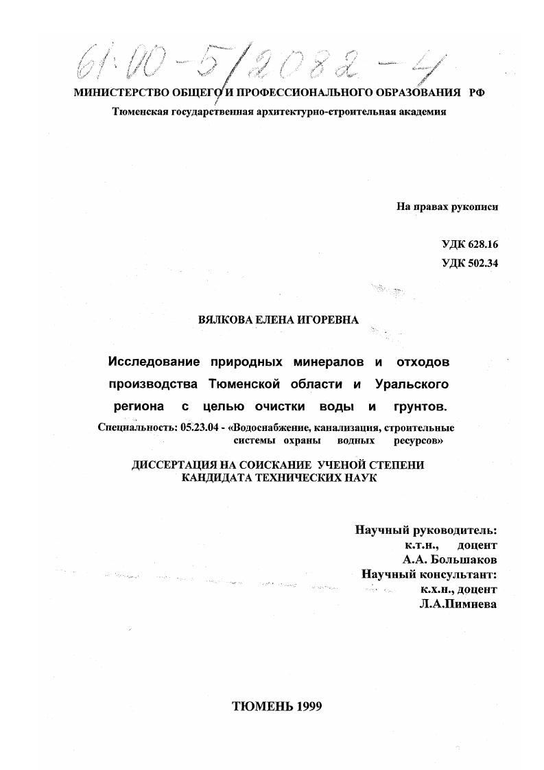 Исследование природных минералов и отходов производства Тюменской области и Уральского региона с целью очистки воды и грунтов