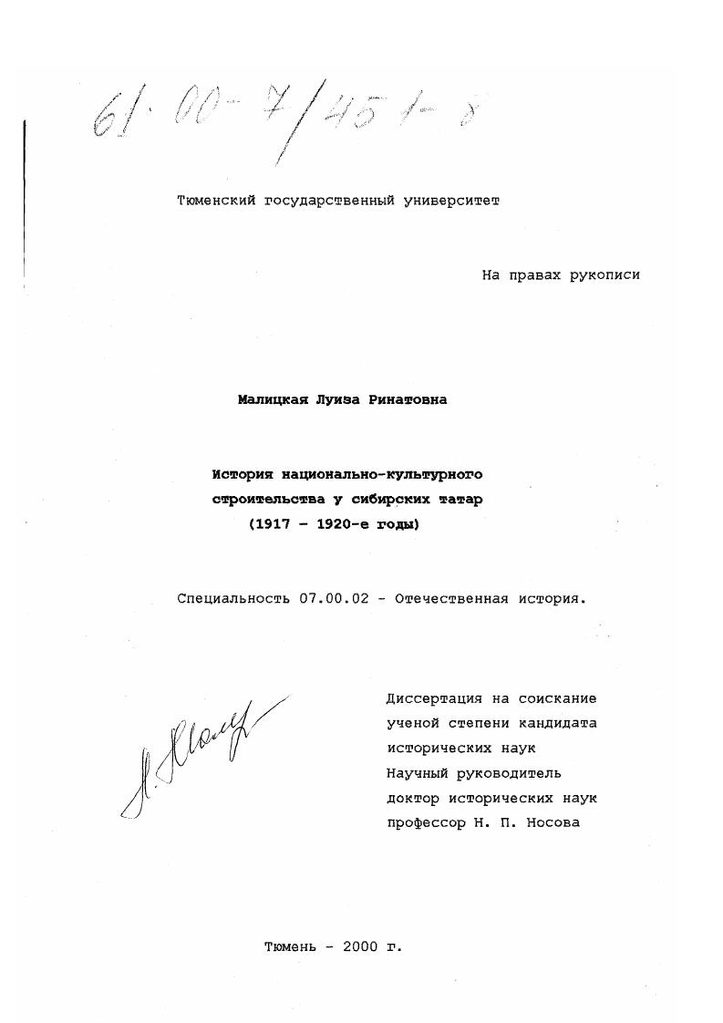 История национально-культурного строительства у сибирских татар : 1917-1920-е годы