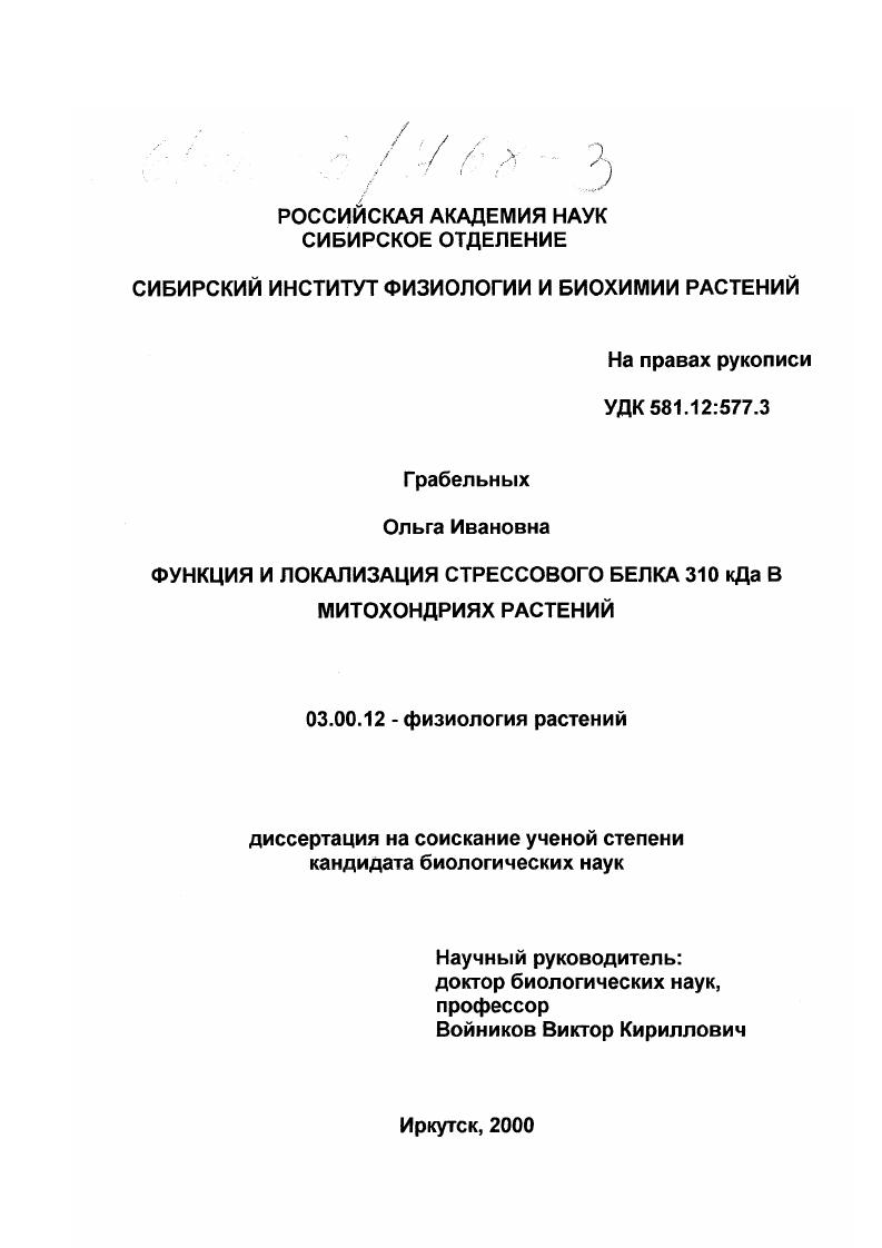 скачать диссертацию Функция и локализация стрессового белка 310 кДа в митохондриях растений Функция и локализация стрессового белка 310 кДа в митохондриях растений