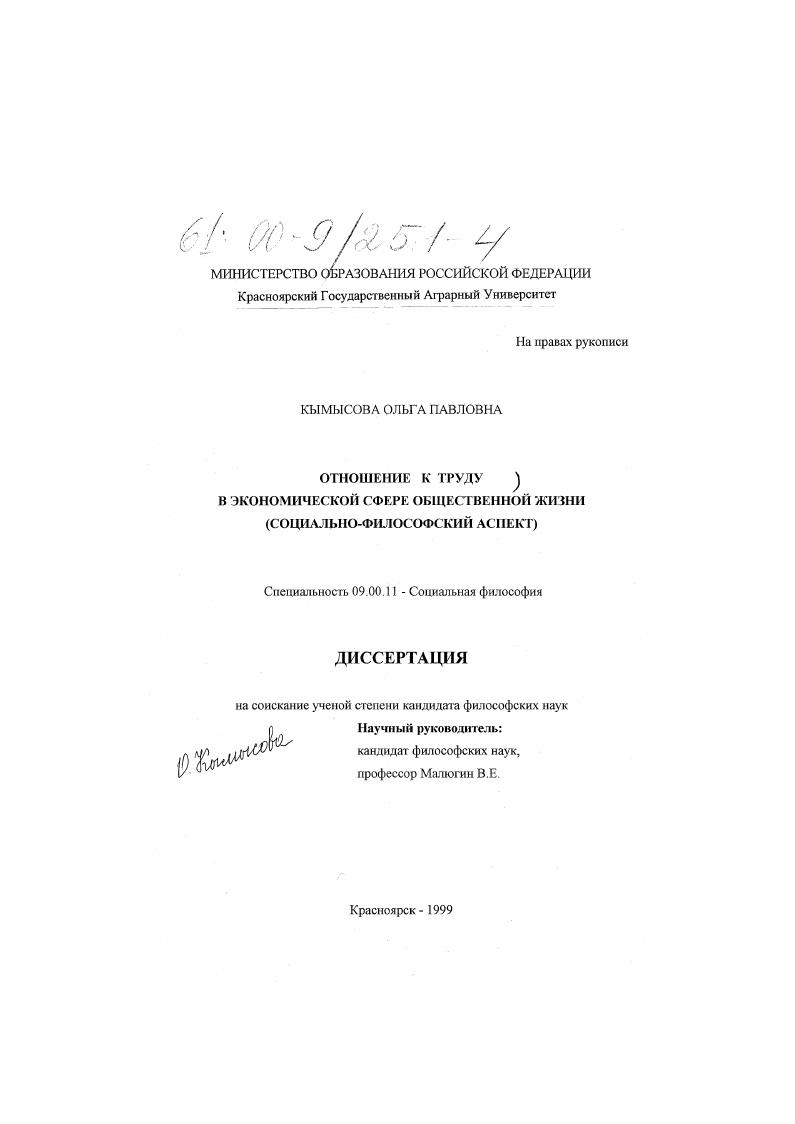 Отношение к труду в экономической сфере общественной жизни : Социально-философский аспект