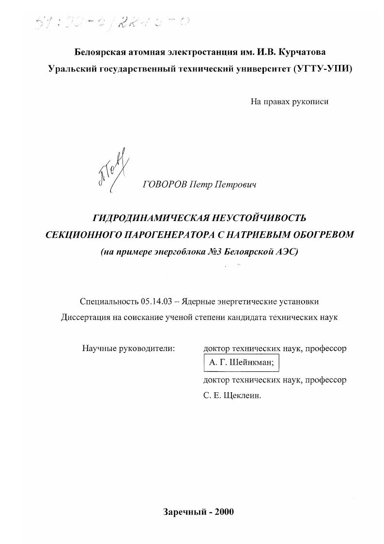 Гидродинамическая неустойчивость секционного парогенератора с натриевым обогревом : На примере энергоблока N3 Белоярской АЭС