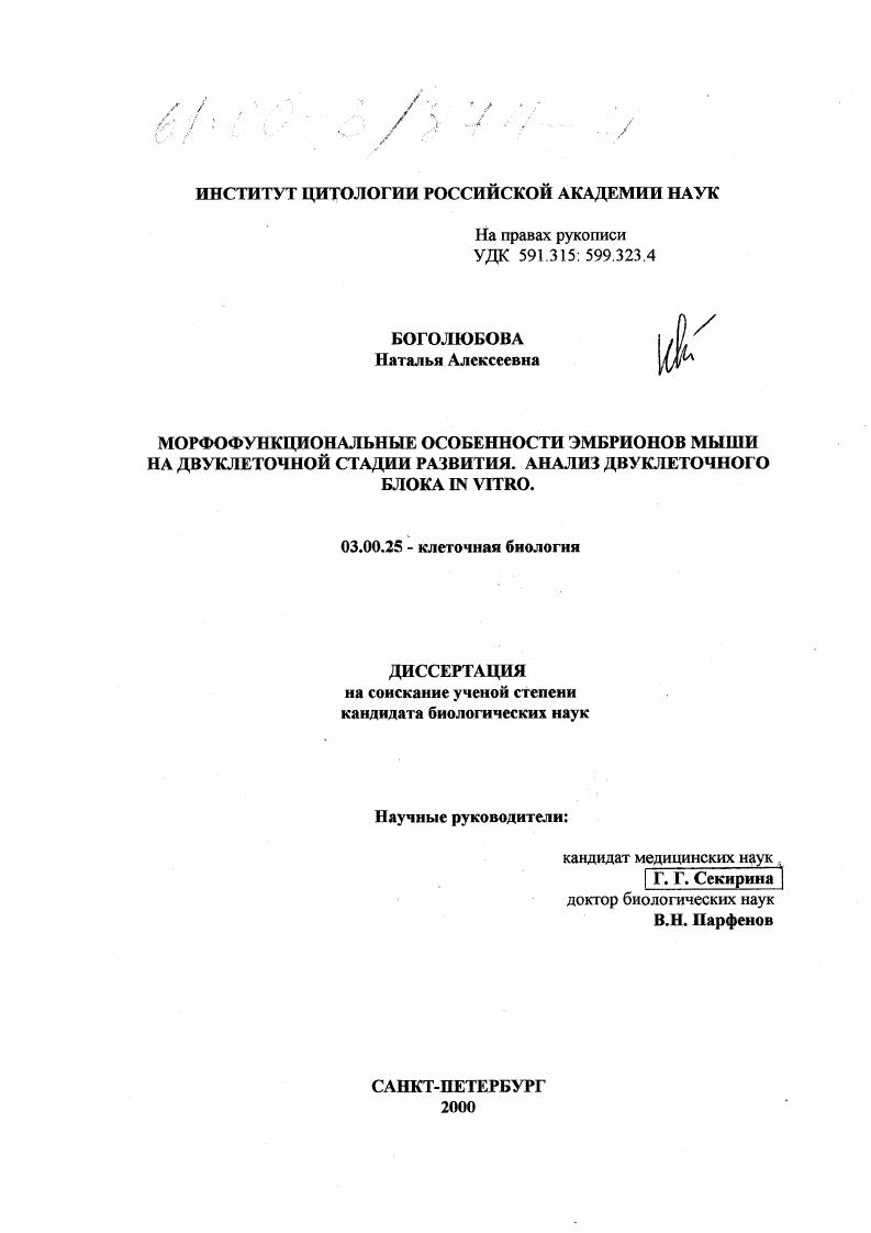 Морфофункциональные особенности эмбрионов мыши на двуклеточной стадии развития, анализ двуклеточного блока in vitro