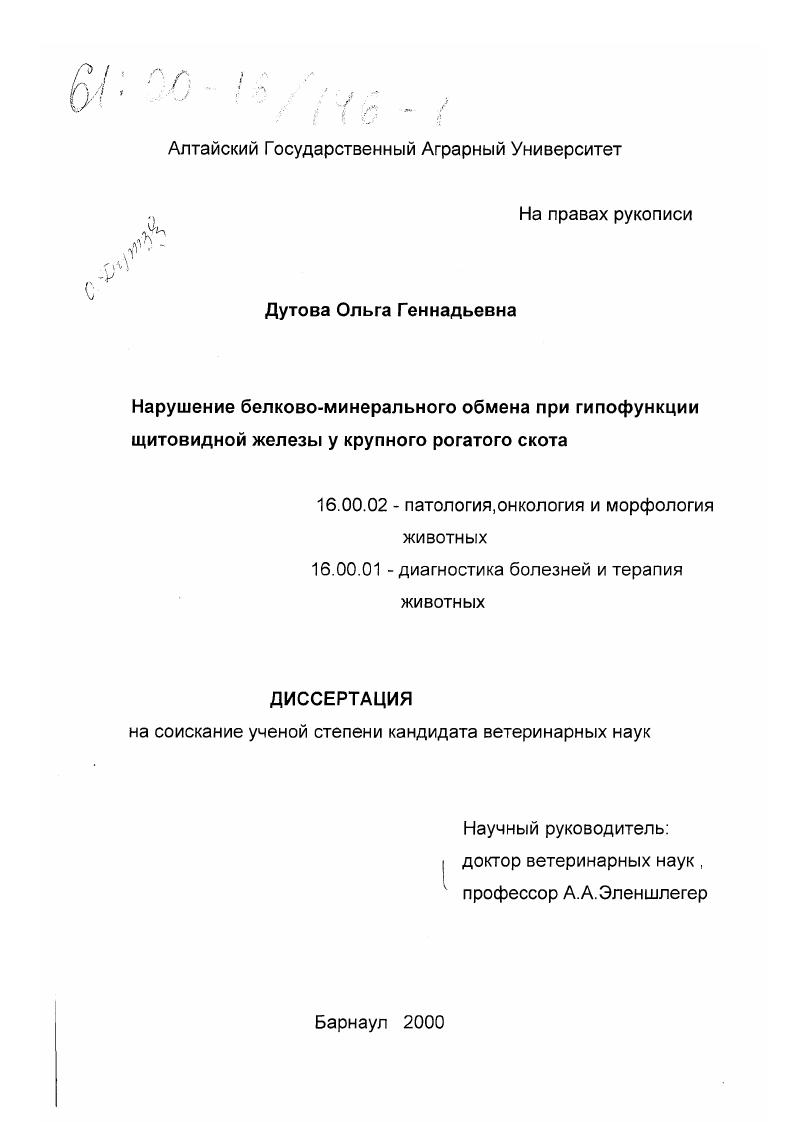 Нарушение белково-минерального обмена при гипофункции щитовидной железы у крупного рогатого скота