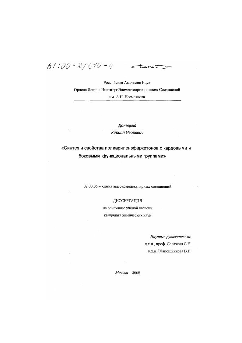 Синтез и свойства полиариленэфиркетонов с кардовыми и боковыми функциональными группами