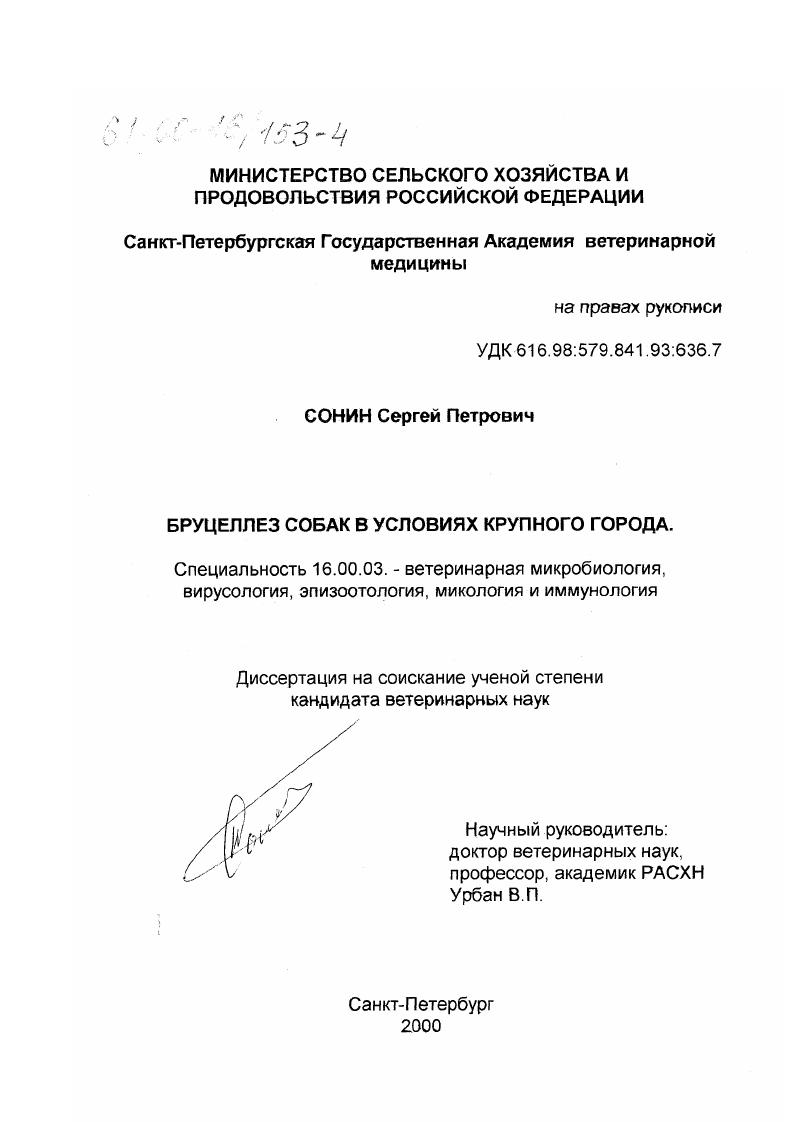 Бруцеллез собак : В условиях крупного города