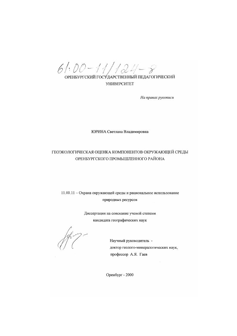 Геоэкологическая оценка компонентов окружающей среды Оренбургского промышленного района