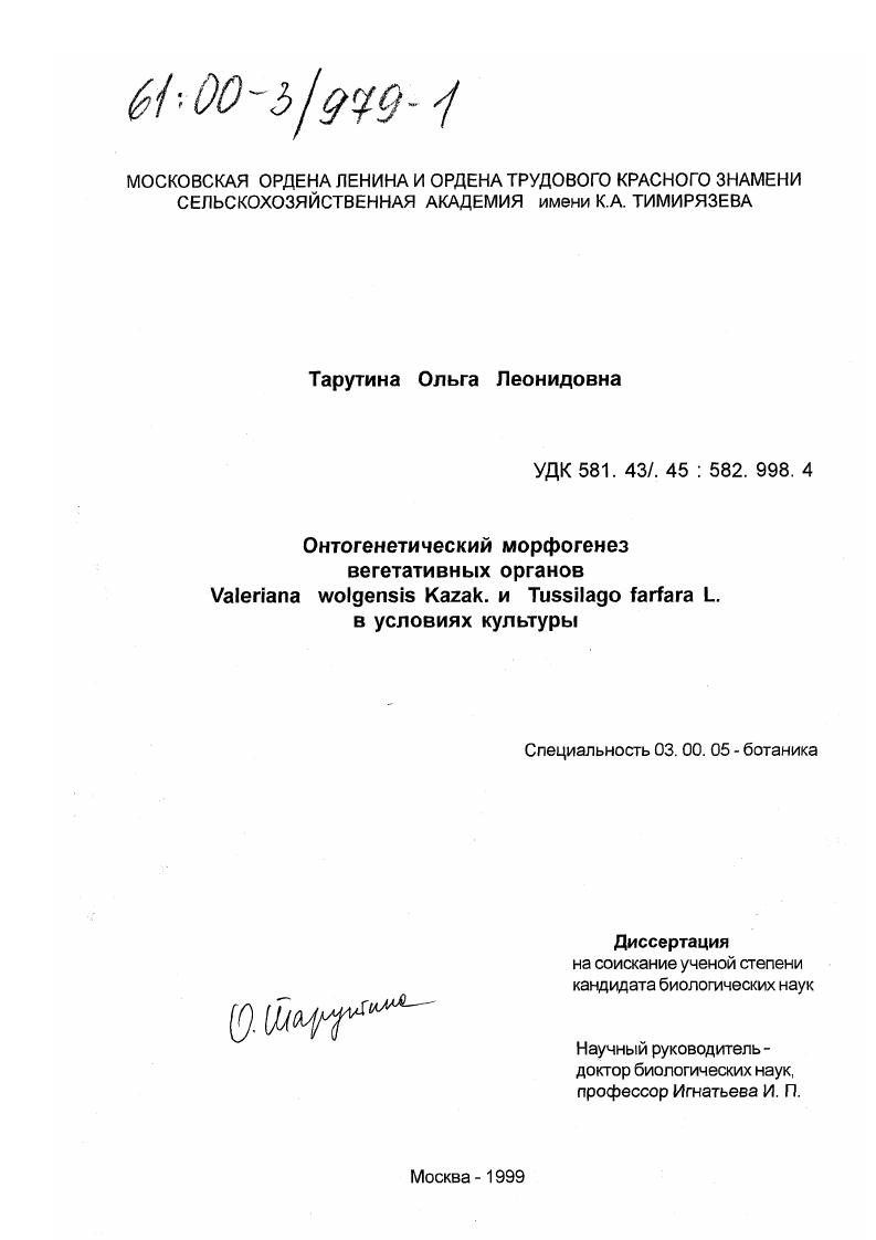 Онтогенетический морфогенез вегетативных органов Valeriana wolgensis Kazak. и Tussilago farfara L. в условиях культуры