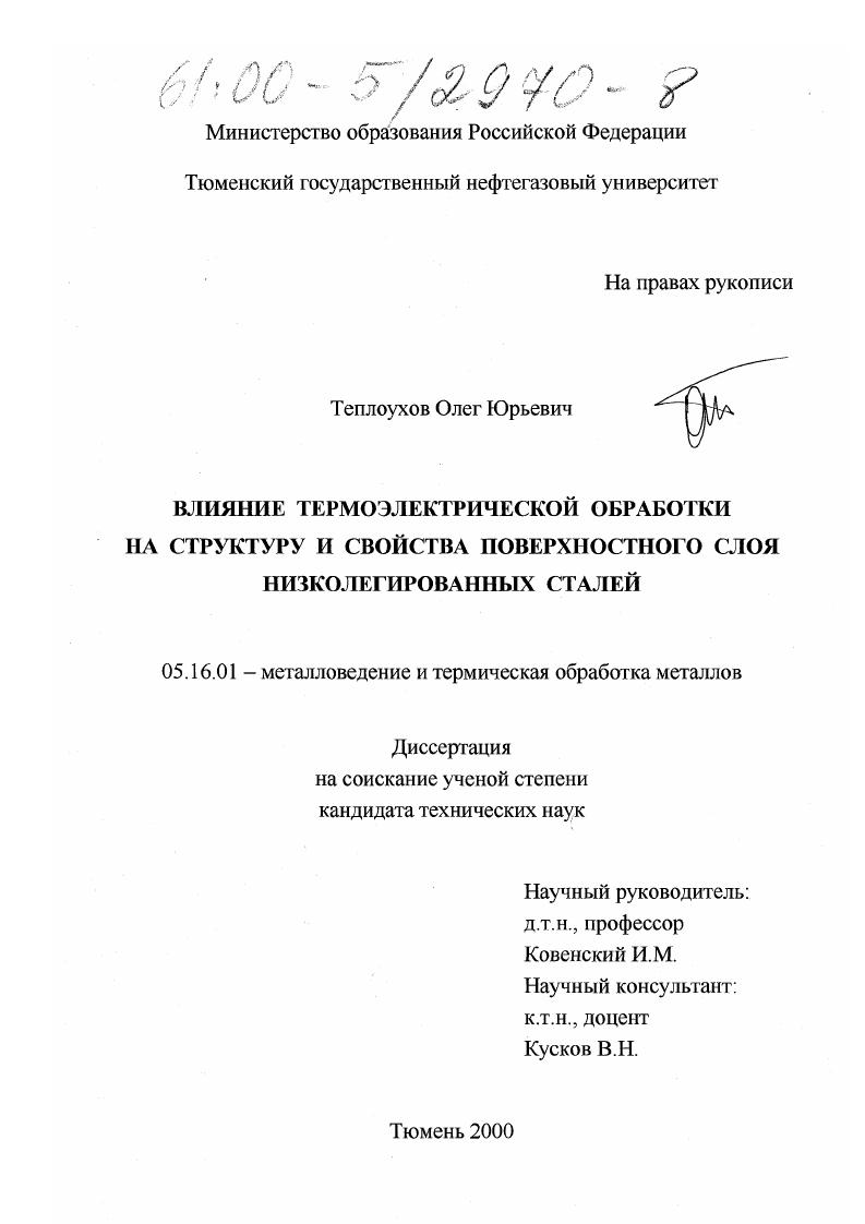 Влияние термоэлектрической обработки на структуру и свойства поверхностного слоя низколегированных сталей