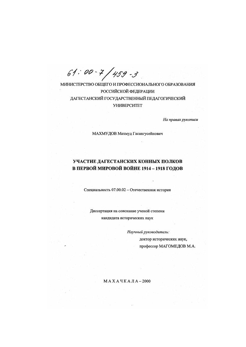скачать диссертацию Участие дагестанских конных полков в Первой Мировой войне Участие дагестанских конных полков в Первой Мировой войне