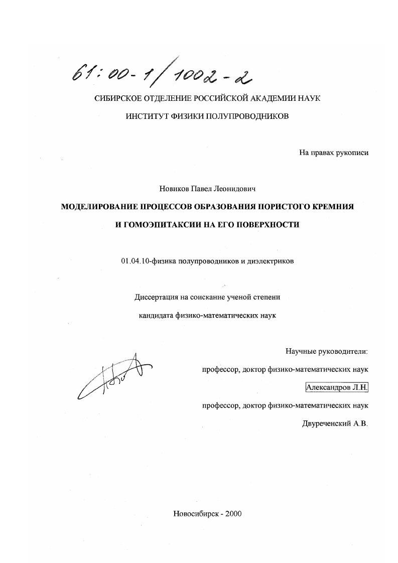 скачать диссертацию Моделирование процессов образования пористого кремния и гомоэпитаксии на его поверхности Моделирование процессов образования пористого кремния и гомоэпитаксии на его поверхности