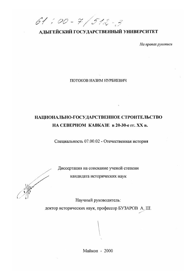 Национально-государственное строительство на Северном Кавказе в 20-30 гг. XX в.