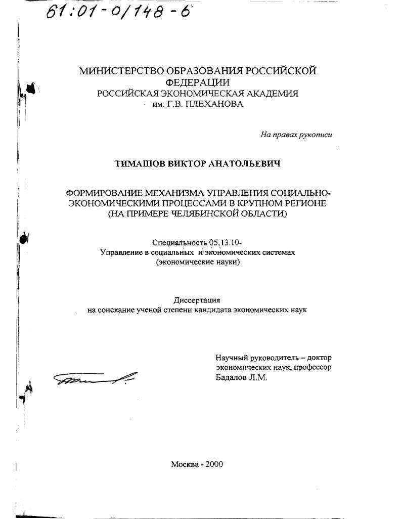 Формирование механизма управления социально-экономическими процессами в крупном регионе : На примере Челябинской области