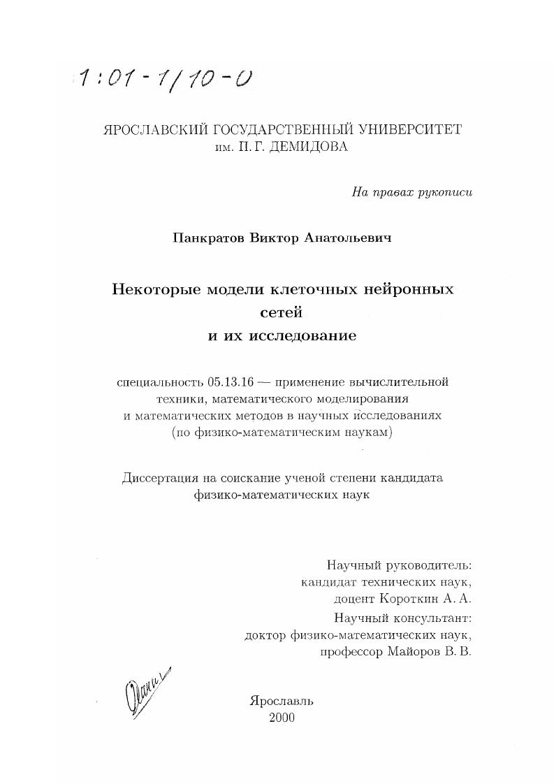 Некоторые модели клеточных нейронных сетей и их исследование