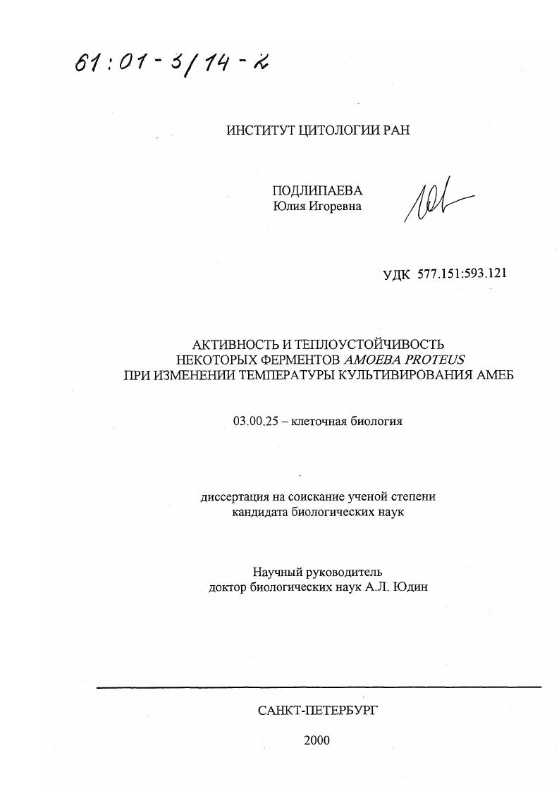 Активность и теплоустойчивость некоторых ферментов amoeba proteus при изменении температуры культивирования амеб